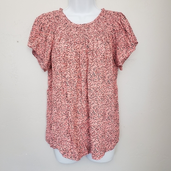 The Nines by Hatch Women's XS Pink Micro Flora Short Sleeve Blouse Smock Neck - Picture 1 of 8